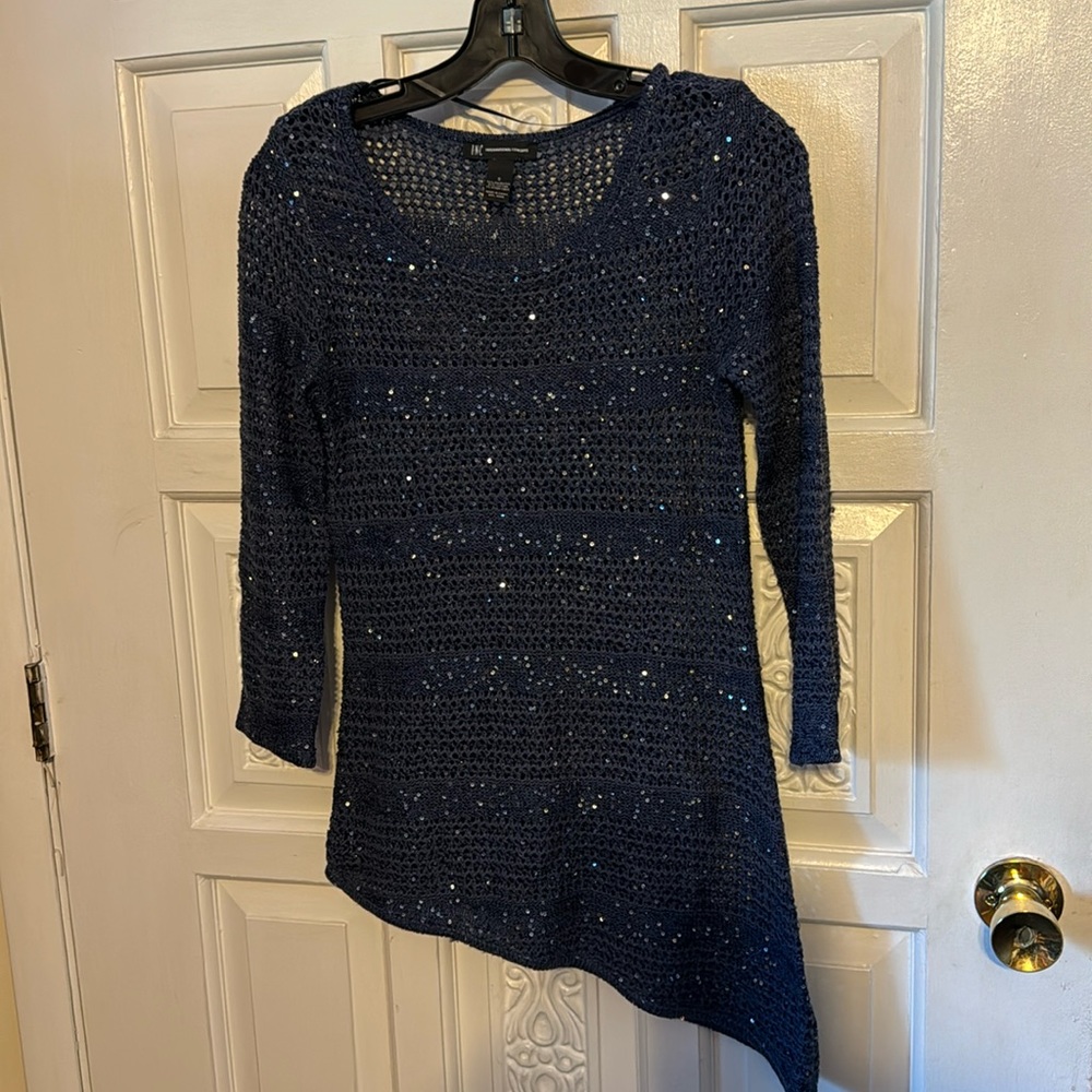 Inc Sweater Women’s Small Denim Blue Sequin Pullover Asymmetrical Knit Small